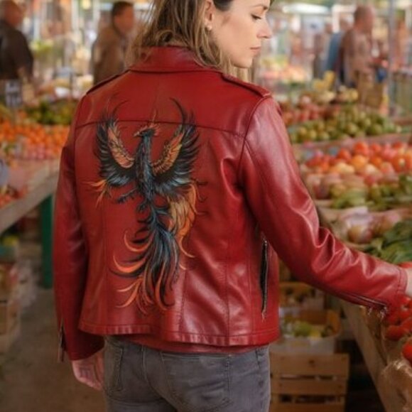 Artisan Jackets & Blazers - Hand Painted Faux Leather Jacket with Phoenix Art Size Large